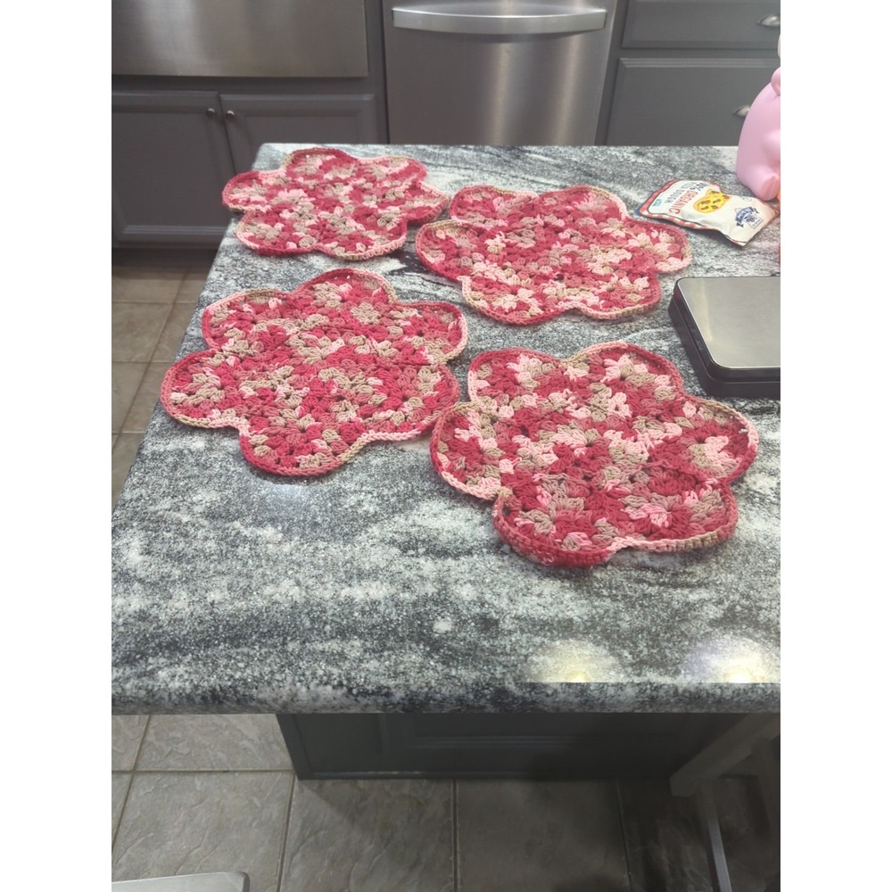 4 Hand Knitted Crochet Burgundy Pink Gray Placemats  Granny Core Cottage Core